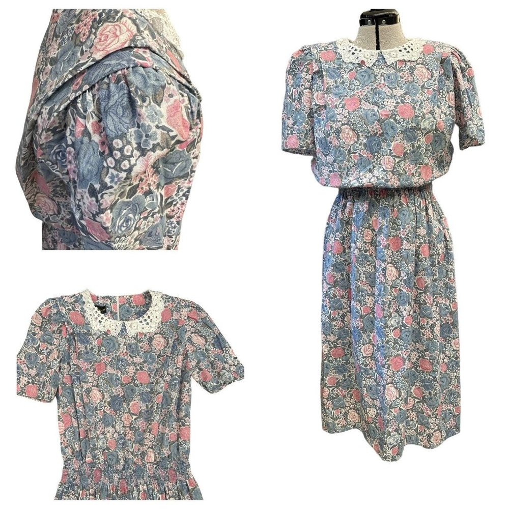 Vintage 80’s Stuart Alan USA Made Pastel Flowers, Lace Midi Dress Size 12
